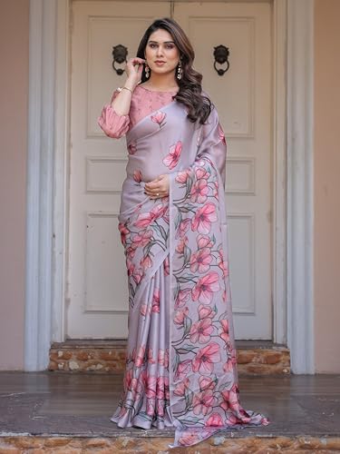 Image of ALMAARI FASHION Women's Floral Printed Georgette Satin Saree with Unstitched Blouse Piece | Traditional Ethnic Wear Sarees | Soft Lightweight Ethnic Office Wear Daily Wear Indian Sari (SG 161-170 H)