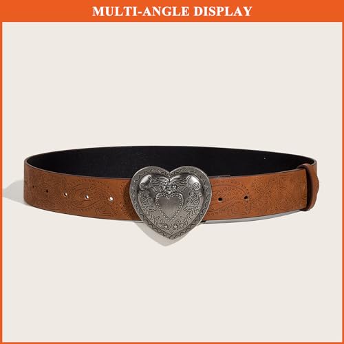 Women's PU Leather Embossed Belts Vintage Western Waist Strap with Heart-Shaped Buckle Belt for Pants Jeans2