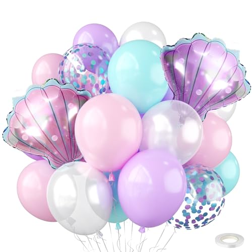 Mermaid Balloons with Seashell Foil Balloons Pastel Pink Purple Teal Pearl White Confetti Balloons for Birthday Decorations Sea Theme Baby Shower Party Supplies