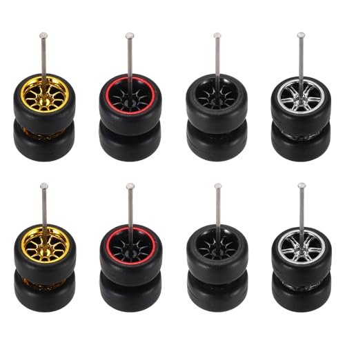 QUARKZMAN 8 Juegos De Ruedas Y Neumáticos 1/64, Llantas Real Riders Incluye Ejes para Modelo De Coche RC Diecast DIY, Llantas De 10 Radios En Oro Plata Línea Roja Y Negro