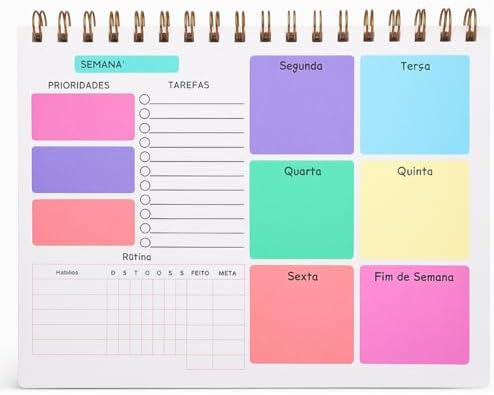 Planner Semanal Colorido com 50 Folhas - Capa de Acetato e aramad...