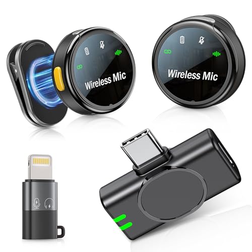 CDMVAB Paquete de 2 mini micrófonos para iPhone, iPad y teléfono Android, micrófono Lavalier inalámbrico con reducción de ruido, micrófono de solapa para grabación de video, entrevista, YouTube, Vlog,