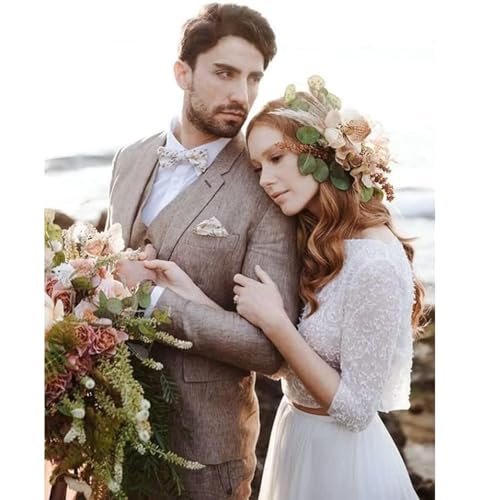 Vintage Linen Suit for Men's 3 Piece Formal Wedding Suit Groomsmen Wear3