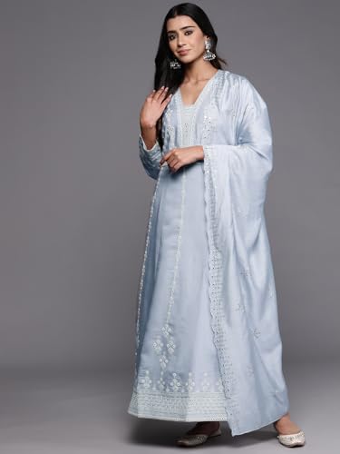 Image of Libas ART Embroidered Silk Blend A-Line Kurta With Trousers and Dupatta