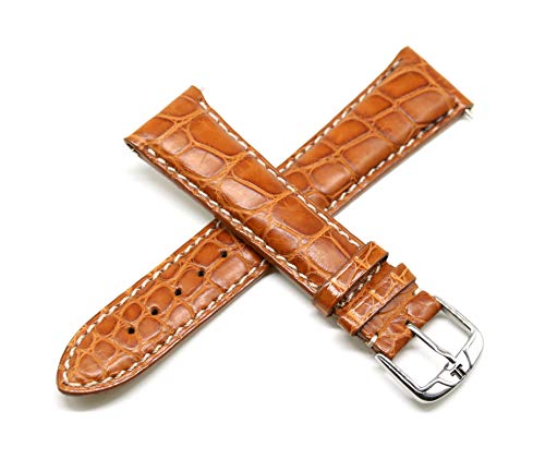 Jacques Lemans 22MM Tan Genuine Alligator Leather Skin Watch Strap with White Stitching and Silver JL Initial Stainless Steel Buckle