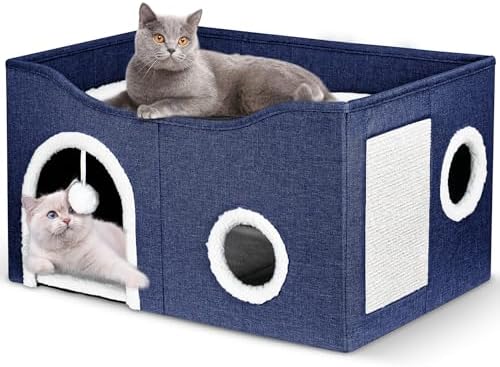 Heeyoo Cat House for Indoor Cats – Large Cat Bed Cave with Fluffy Ball and Scratch Pad, Foldable Cat Houses & Condos, Cat Cubes, Cat Hideaway, Covered Cat Bed for Multi Small Pet Large Kitty