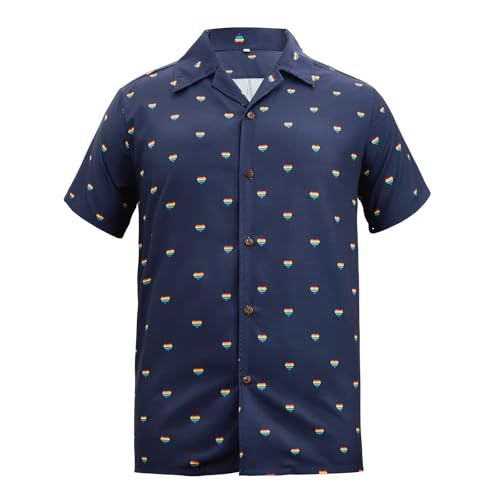 Pride Shirts for Men Short Sleeve Rainbow Button Daown Gay Pride Outfits for Men Lightweight & Bresathable for LGBTQ+ Celebrations Navy Blue with Rainbow Love Heart X-Large