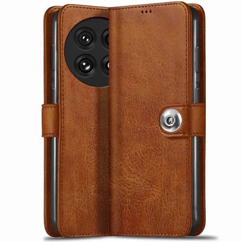 Image of TheGiftKart Flip Cover Back Case for OnePlus 13 5G | Genuine Leather Finish | Designer Button | Inbuilt Pockets & Stand | Wallet Style Flip Back Cover Case for OnePlus 13 5G (Faux Leather, Brown)