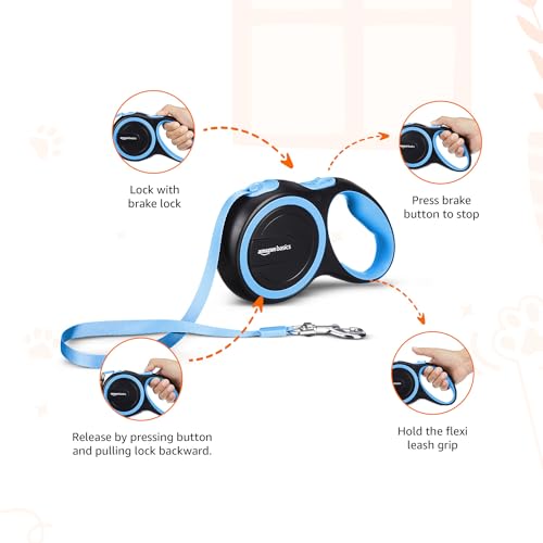 Image of Amazon Basics Retractable Dog Leash | 5 Meter | for Large Dogs Up to 50 Kg | Heavy Duty Leash for Pets | Strong Nylon Tape, Anti-Slip Handle, Built in Spring, One-Click Brake Pause | Blue