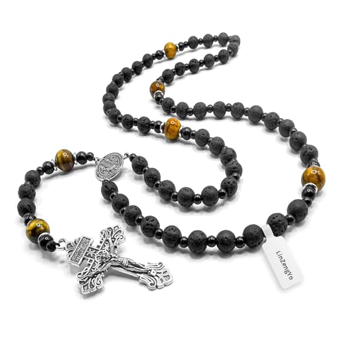 Volcanic stone rosary beads catholic for men,Rosary Necklace for men with medal & cross,Handmade black stone Beads St.Benedict Rosary Cross Necklace Catholic Gifts2