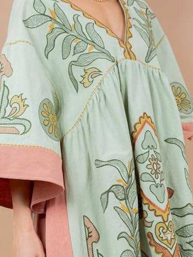 Image of Joiemont Womens Oversized Embroidered Dress with V-Neck and 3 /4 Sleeves Vintage Embroidery Babydoll Dress