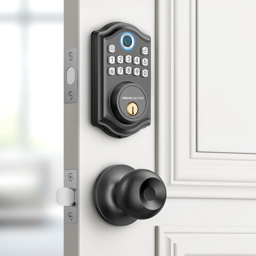 Image of AkaGear DS10 Keyless Entry Door Lock, Fingerprint, Exterior Door Knob Handle, 2 Keys, Electronic Keypad, One-time Code, Smart Locks for Front Door, Bedroom, Auto-Lock, Easy Installation - Matte Black