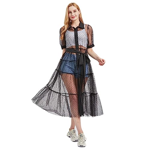Women Sheer Mesh Button Down Shirt Dress with Waist Belt Summer Beach See Through Bikini Cover Up Swimwear4