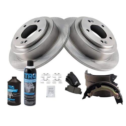Image of TRQ Rear Brake Pad & Rotor Kit, with Chemical Kit Parking Brake Shoe Set Ceramic Compatible with 2004-2006 Kia Amanti