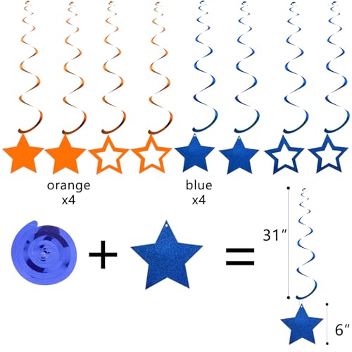Image of Blue & Orange Birthday Party Decorations - Happy Birthday Banner, Honeycomb Balls, Swirls, Circle Dot Garland, Triangle Flags Bunting