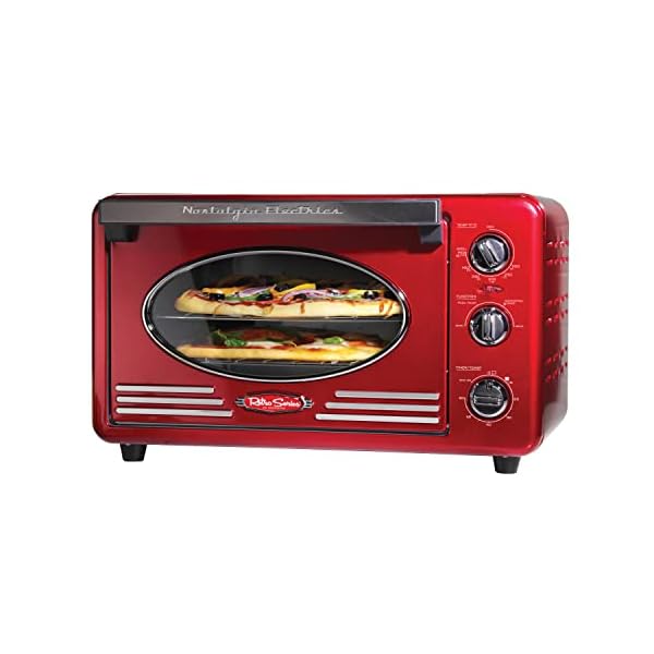 Nostalgia RTOV2RR Large-Capacity 0.7-Cu. Ft. Capacity Multi-Functioning Retro Convection Toaster Oven, Fits 12 Slices of Bread and Two 12-Inch Pizzas, Built In Timer, Includes Baking Pan,Metallic Red