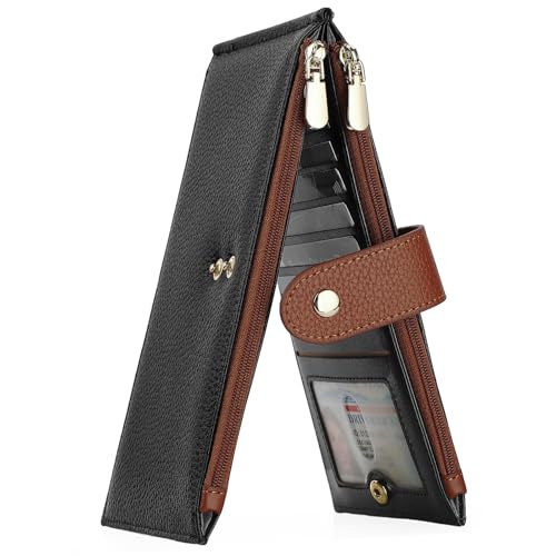 GOIACII Carteira feminina com bloqueio de RFID e compartimento para cartão de crédito com 2 bolsos com zíper, C05 preto e marrom