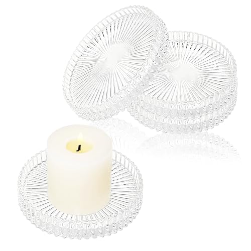 GETRICH Lot de 4 assiettes à bougie en verre transparent de 9 cm - Dessous de verre transparent pour bougies piliers - Dessous de verre pour décoration de...