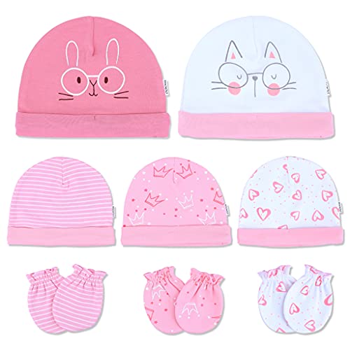 Image of DOKMA Organic Cotton Baby Mittens and Caps Set - Mittens for Newborn 0-6 Months - Ultra Soft, No Scratch - 5 Caps x 3 Mittens