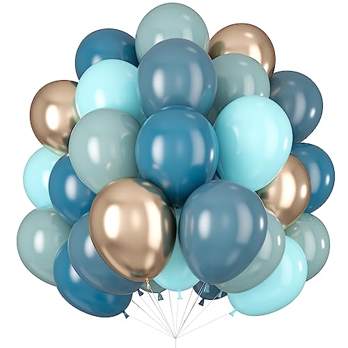 Image of Blue Balloons Dusty Peacock Balloons Champagne Gold Assorted Muted Blue Balloon for Whale Theme Party Decorations Under the Sea Birthday Slate Teal Blue Balloon for Arch Graduation Baby Shower
