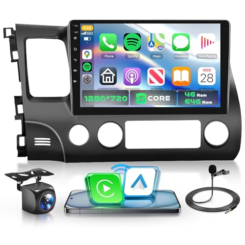 KYNNT 8-Core 4G+64G Car Radio for Honda Civic 2006-2011 with Qualcomm Snapdragon chip, Car Stereo Carplay Android Auto 3D car Model Display GPS WiFi 10.1 Inch IPS Touchscreen Mirror Link Camera