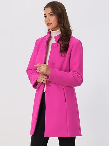 Allegra K Damen Wintermantel Mid-Long Stehkragen Einreiher Mantel Oberbekleidung, Knallpink (Hot Pink), M