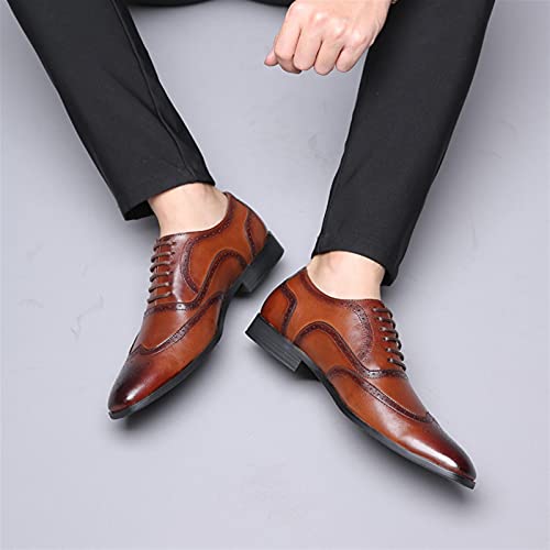 Dress Oxford for Men Lace Up Brogue Embossed Wing tip Burnished Toe PU Leather Rubber Sole Resistant Non Slip Block Heel Business(Brown,10 M US)3
