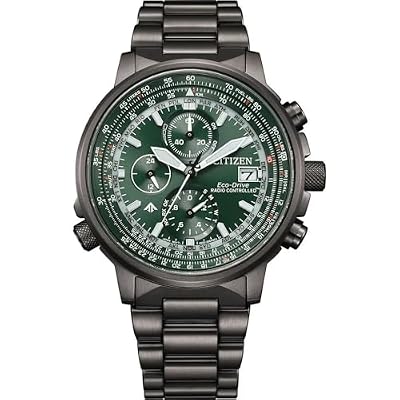 Citizen AT8304-57W Eco-Drive H800 - Orologio da uomo controllato via radio, in acciaio inossidabile, colore grigio, cronografo, quadrante verde, 20 ATM