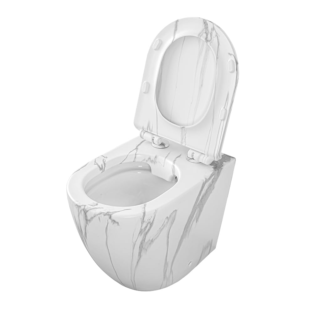 Set Sanitari Filomuro Rimless In Ceramica Con Effetto Marmorizzato Bianco Linea Tokyo, L 36 x P 56 x H 41 Cm, Completo Di Sedile Soft-Close