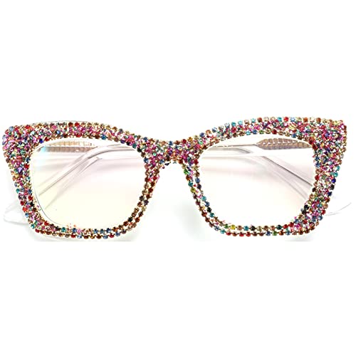 mincl Oprah style Bling Rhinestone Square Reading Glasses For Women Shiny Diamond Blue Light Blocking Eyeglasses (clear, 1.5, multiplier_x)