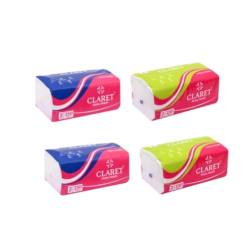 Image of Claret 2-Ply Facial Tissue | Makeup Removal Tissue Wipes | Tissue Paper For Office Desk | Car Accessories | 250 Pulls Super Soft & Highly Absorbent | Pack of 4