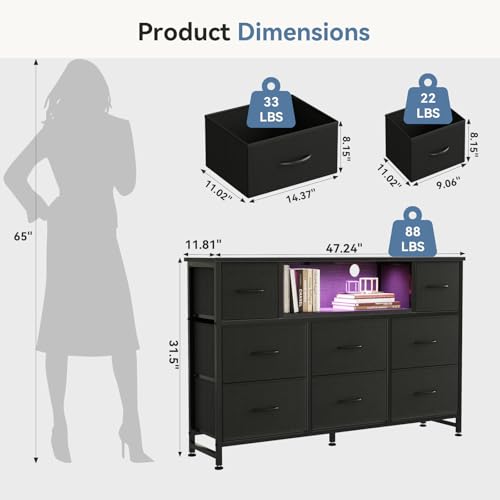 Image of DUMOS TV Stand Dresser with 8 Fabric Drawers and Open Shelves, LED Entertainment Center with Charging Station, Wood Top Media Console for 45-55 inch TV Stand, Bedroom, Black