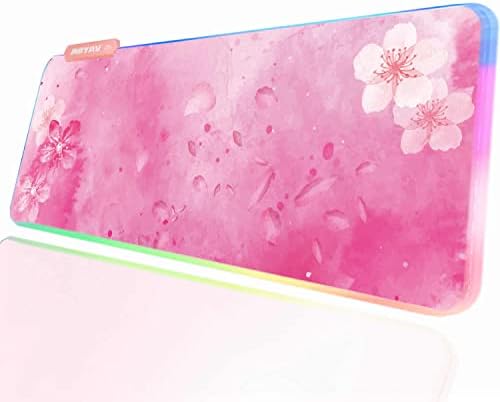 RGB Cherry Blossom Gaming Mouse Pad Pink 31.5x12 Inch PC XL Large Extended Glowing Led Light Up Desk Pad Non-Slip Rubber Base Computer Keyboard and Mouse Pad Cute Mousepad