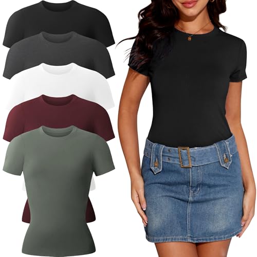 YOIOWVY Paquete de 5 Camisetas de Manga Corta para Mujer con Cuello Redondo, Informales, básicas, entalladas y elásticas