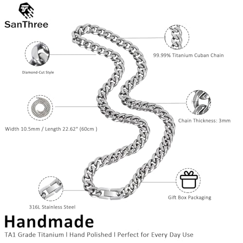 SanThree 10.5mm TA1 Pure Titanium Cuban Link Chain Necklace for Men, Ultra Light Hand Polished Diamond-Cut Solid Ti Chains for Anniversary Graduation Birthday, 23.62"3