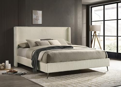 LIFE SKY King Size Upholstered Bed: Modern Wingback Design with Wide Wale Corduroy & Cream Velvet Fabric - Boutique Hotel Furniture for Luxury Bedroom Suite & Guest Room Accommodation