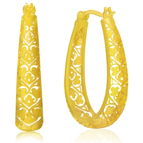 Dwen W 14K Gold-plated oval filigree hoop earrings retro-style hypoallergenic gift
