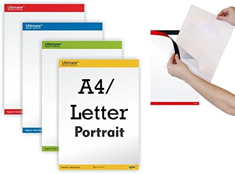 MFM TOYS Ultimate Easy Magnetic Wall Display : Pack of 4 (Letter Portrait) Colour : 4 Colours ~ Self Cling Magnetic Letter/A4 Sheet Holder for Wall/Glass Partition/Window Signage Display