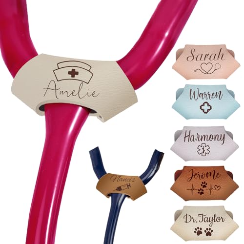 Nurses Week Gift-Stethoscope Name Tag Personalized Custom Stethoscope Id Tag Leather Stethoscope Name Charm Accessories for Nurse Doctor Medical Assistant-Beige