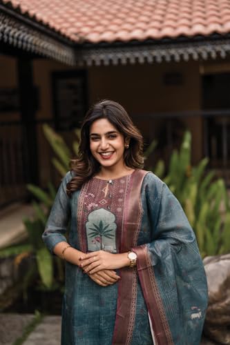 Image of Linen Shimmer Kurta with Dupatta for Women | Hariyali Ethnic Printed 2-Piece Set | Stylish Daily & Festive Kurti Set