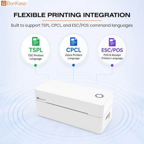 Image of BonKaso BKT01 Thermal Label Printer 203DPI Direct Thermal Shipping Bill Printer 160mm /s High Speed USB Bluetooth WiFi Compatible for Barcode Label Receipt Tag Paper Small Business White
