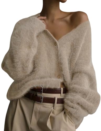 Yimoon Womens Fuzzy Cardigan Sweater V Neck Long Sleeve Button Down Slouchy Furry Knit Sweaters 2025(Apricot-L)
