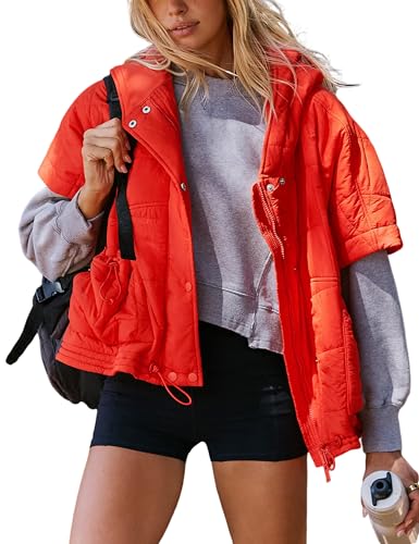 Womens Hooded Puffer Vest Oversized Short Sleeve Quilted Poncho Jacket Zip Up Warm Padded Gilet Coat