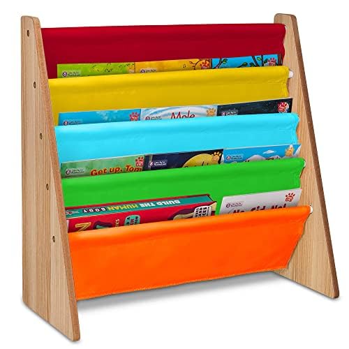 LIVIVO Colorful Kids Bookshelf - 4 Tier Children's Bookcase, Magazine and Book Storage Rack, Wooden Sling Book Organizer, Book Shelf for Kids Room, Bedroom, Nursery, Playroom (Multi-colour)
