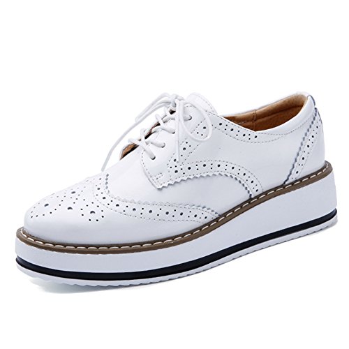 YING LAN Women's Platform Lace-Up Wingtips Square Toe Oxfords Shoe White