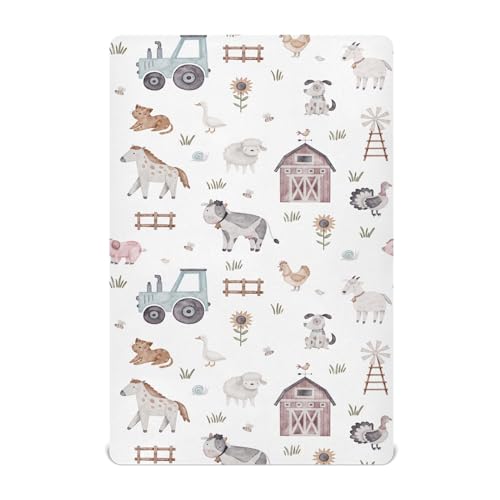 Image of Watercolor Farm Animals Tractor Fitted Crib Sheets Stretchy Portable Playard Sheets for Baby Toddler, Breathable Soft Mini Crib Mattress 52 x 28 in for Boys and Girls