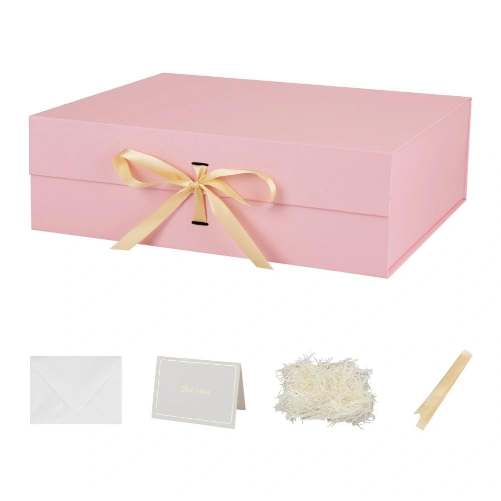Rosa Geschenkbox groß 48.5 x 40.5 x 15.3 cm Geschenkbox mit Deckel 3 Stück | Magnetische extra groß, Inkl. Schleife, Inkl. Raffia & Grußkarte, Ideal für Hochzeitskleid & Anzug