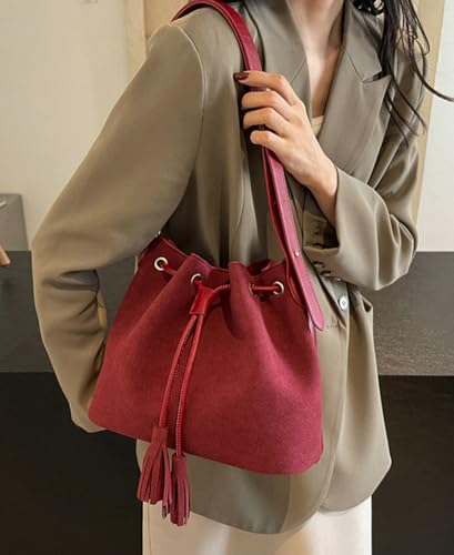 Vegan Leather Retro Bucket Bags Purses Hobo and PU Shoulder Handbags Drawstring with Adjustable Straps4