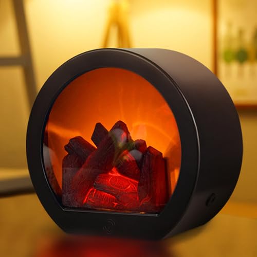 Image of Small Cozy Fireplace Lantern Traditional Realistic Log Wood Burning Flame Effect Ligh LED Charcoal Style Table LampFor Indoor & Outdoor Use(7.8''X7,2''X3.7'')