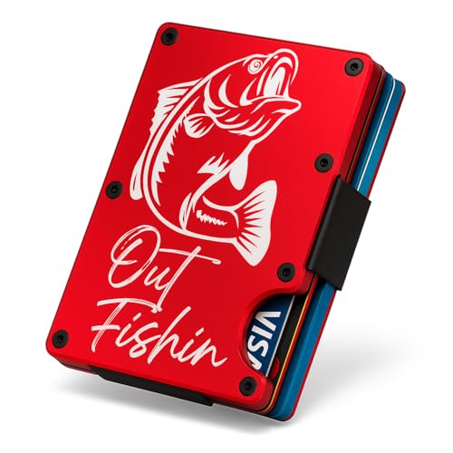 Out Fishin’ Bass Wallet – RFID Blocking Metal Wallet for Men – Slim Ridge Style Card Holder – AirTag Compatible – Minimalist Fishing Wallet (OG Bass, Crimson Red)